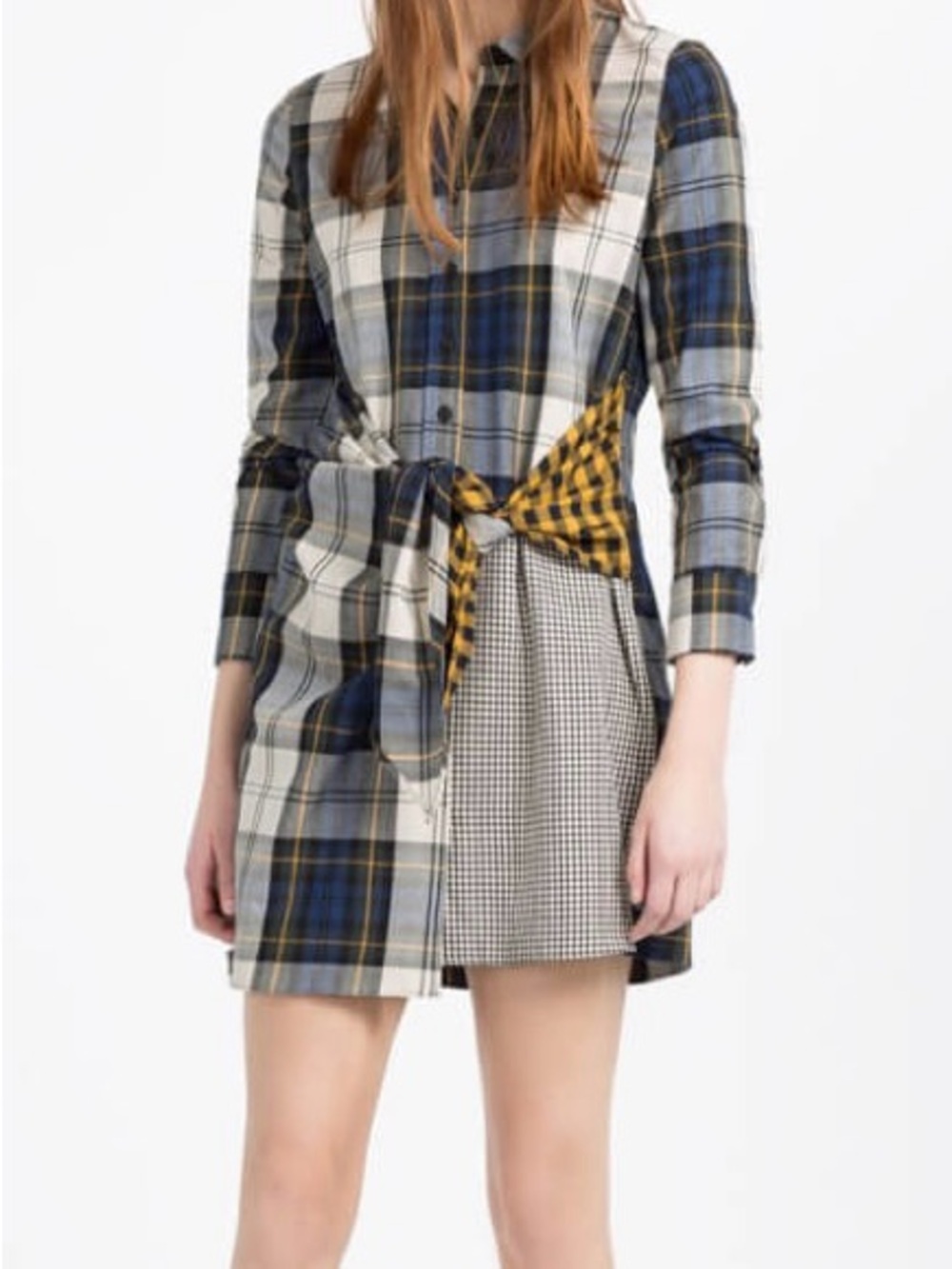 Zara Women’s Plaid Mixed Pattern Tie Waist Mini Dress Tunic Long sleeve XS